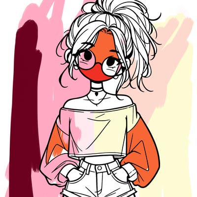 girl with a messy ponytail glasses a baggy crop top and jean shorts