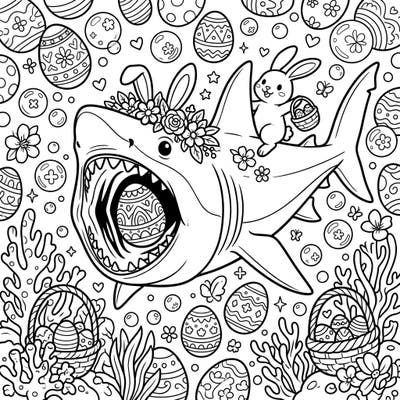 Celebrate Easter with an unexpected splash! This delightful coloring page features a friendly basking shark adorned with bunny ears and a flower crown, enjoying an underwater Easter egg hunt with a cute bunny friend.