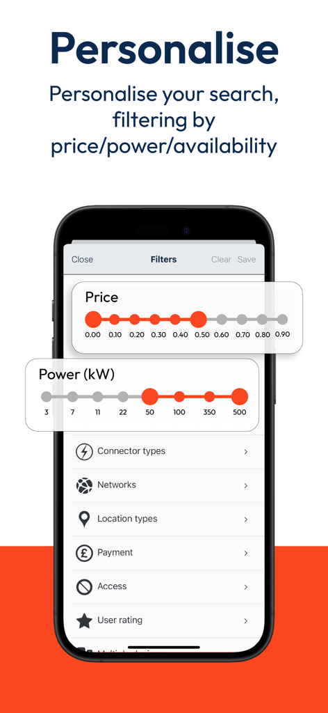 Zapmap app interface showing EV charging point filters for price and power.