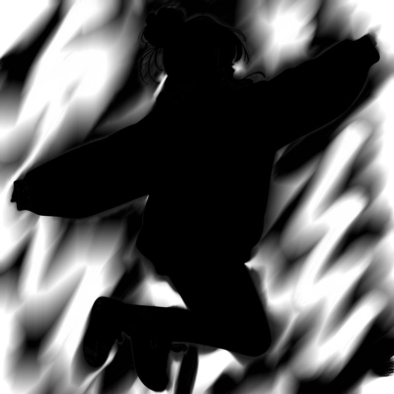 realistic girl jumping with a bun and oversized sweatshirt