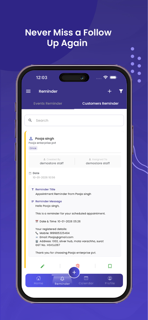 365 CRM - A smartphone screen displaying the 365 CRM app's reminder interface for customer follow-ups and appointments.