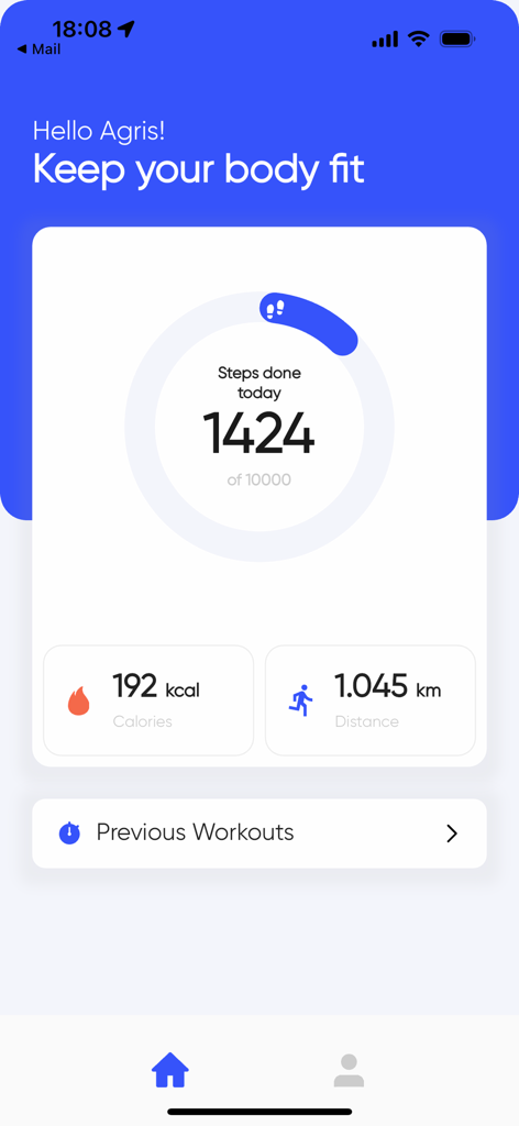 A fitness app dashboard showing a progress circle for daily steps, calories burned, and distance covered.
