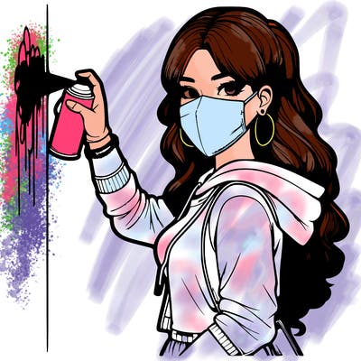 realistic girl with mask spray painting a wall