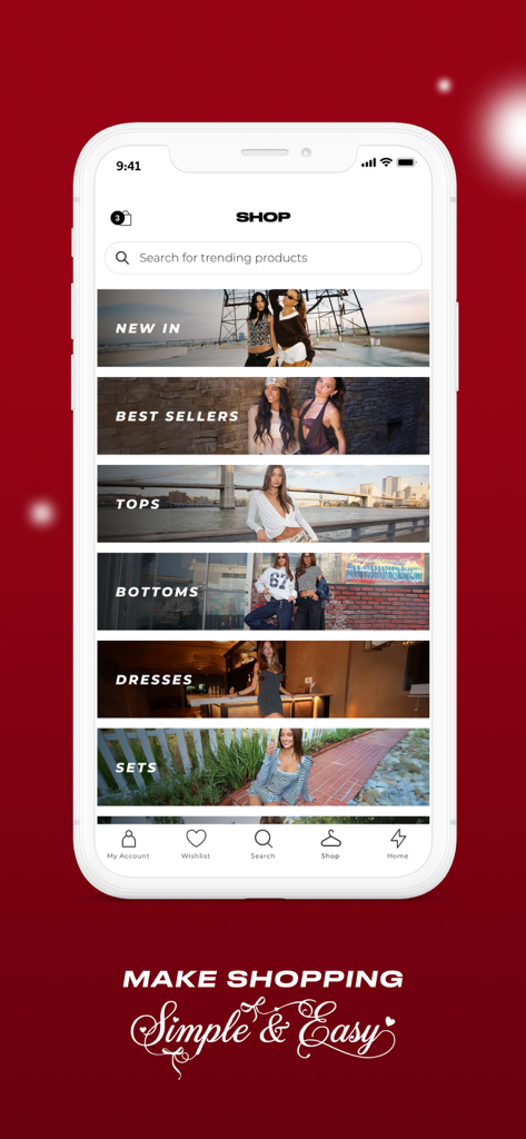 Schermata dello shop dell'app mobile Edikted che mostra categorie di moda come nuovi arrivi, bestseller e top