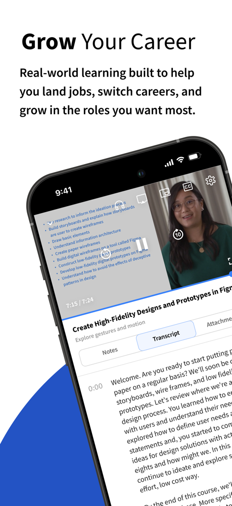 Coursera app interface showing a video lecture on high-fidelity designs with an accompanying transcript for professional learning.