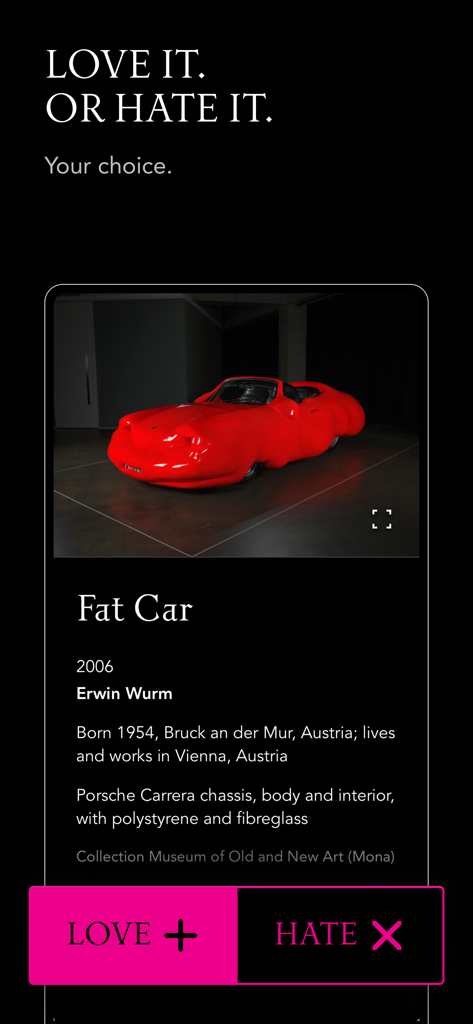 The O - User interface of The O app showing an artwork description for Fat Car with Love and Hate voting buttons.