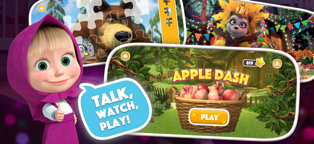 Masha and the Bear AI for Kids - Masha dando um joinha ao lado de uma bolha de fala de conversa, assista e jogue com prévias de minijogos de quebra-cabeça e corrida de maçãs