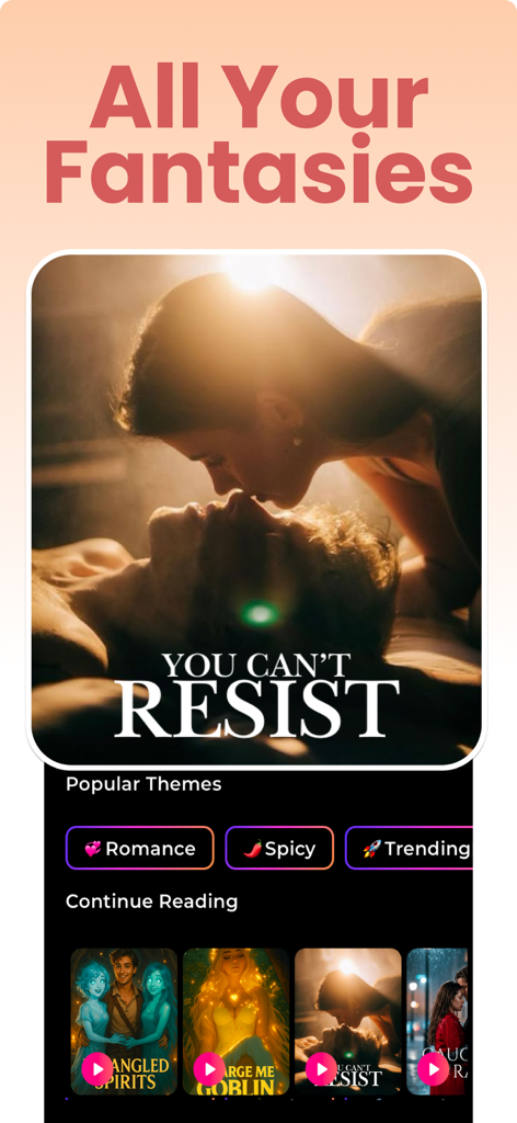 Spicy AI: Spicy Audio Stories - Spicy AI app interface showing romantic audio stories and popular themes.