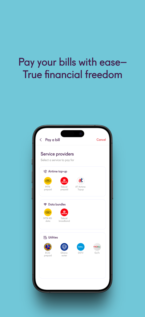 Affinity app interface for paying utility bills airtime and data bundles in Ghana