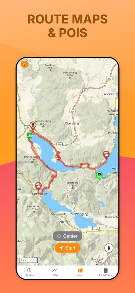GUIBO - Captura de tela do aplicativo GUIBO mostrando mapas de rotas topográficas e pontos de interesse