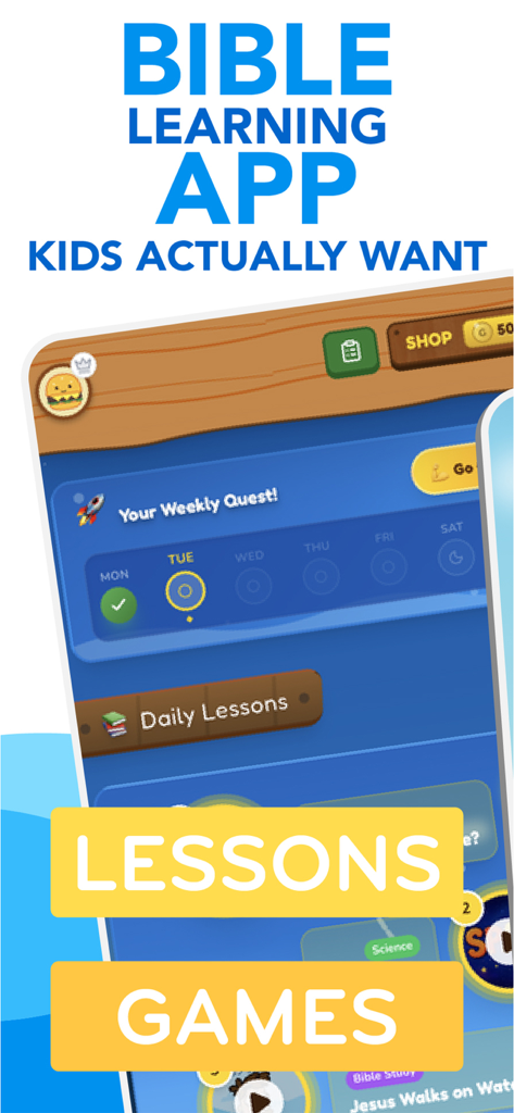 Godly Kids: Bible app for kids - Godly Kids app interface showing daily Bible lessons and gamified weekly quests for children.