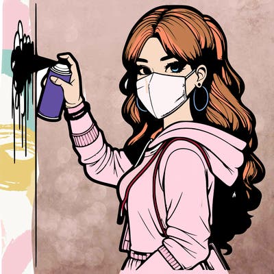 realistic girl with mask spray painting a wall