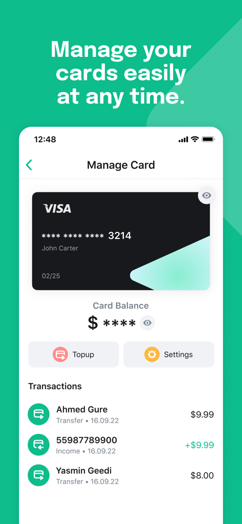 WAAFI APP - WAAFI app screen showing the manage card interface with a Visa card, balance, and recent transaction history.