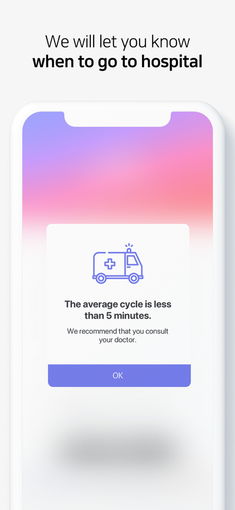 Contraction timer app notification recommending a hospital visit when the cycle is less than five minutes.