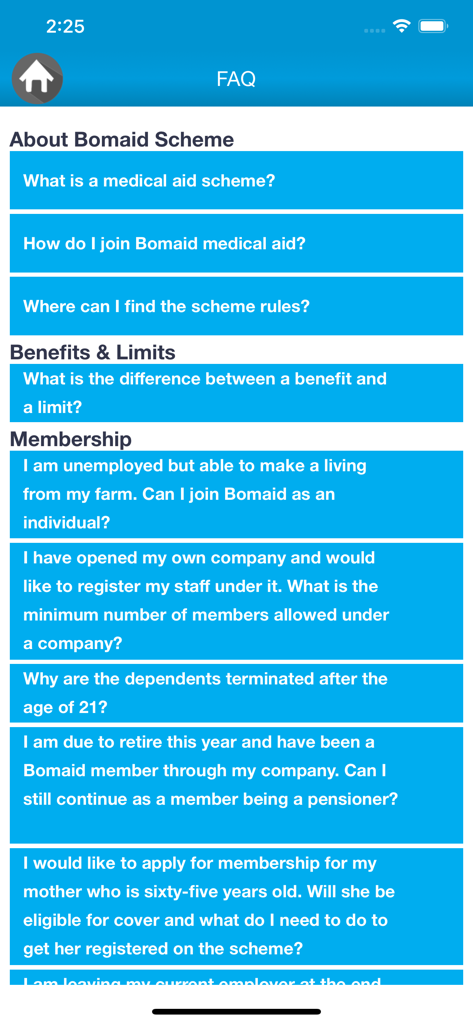 Bomaid app FAQ screen showing medical aid and membership questions