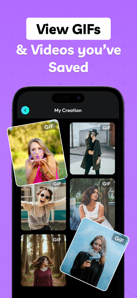 Gallery view within the AI GIF Maker app showing a collection of saved GIFs and videos.