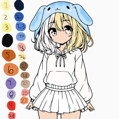 pretty anime girl wearing a fluffy hoodie with bunny ears on the hood and a skirt