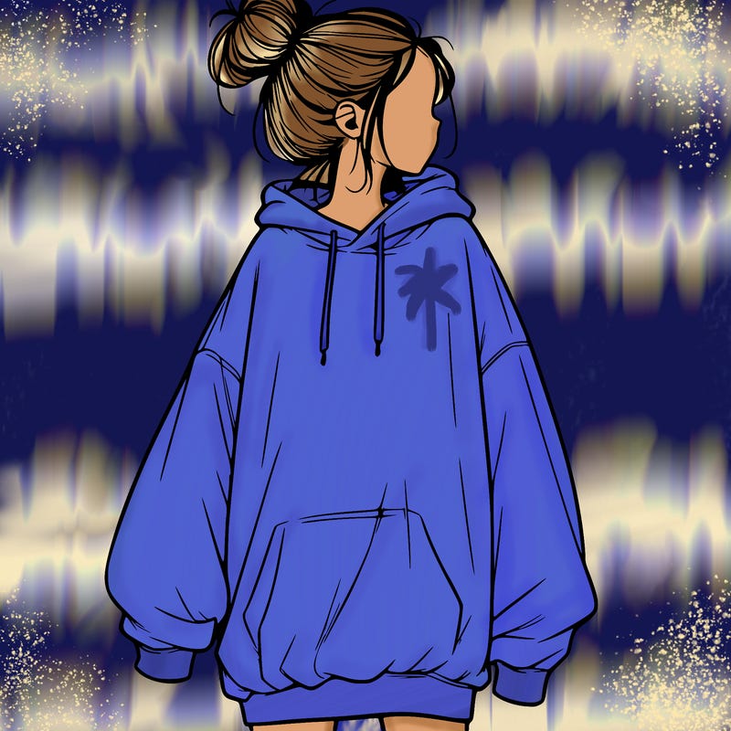 realistic girl with a oversized sweatshirt on and a bun