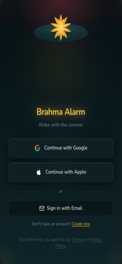 Brahma Alarm - Brahma Alarmアプリのサインイン画面。GoogleとAppleのログインボタンが表示されています。