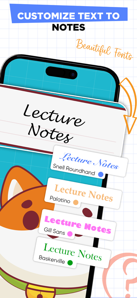 Notes: Note taking & writing - Pantalla de smartphone mostrando varios estilos y colores de fuente para notas digitales.