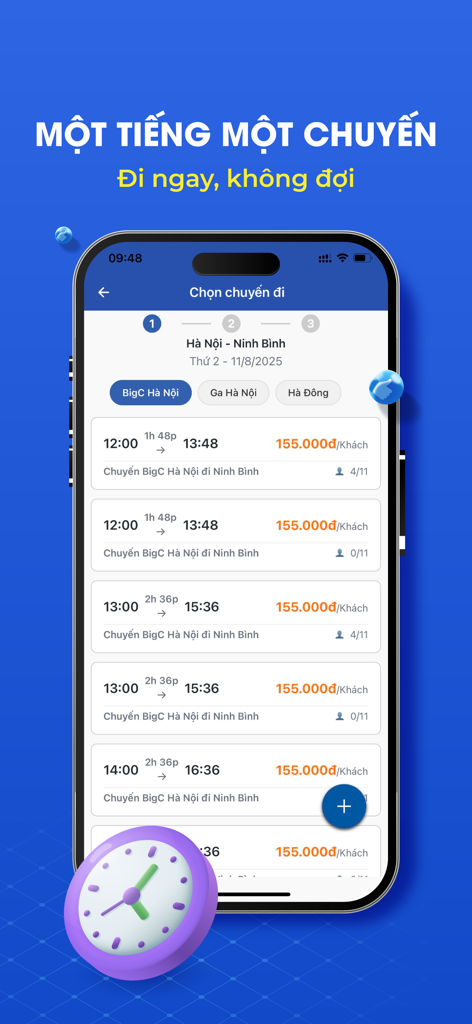 X.E Việt Nam - Đặt xe - XE Vietnam app screen displaying bus departure schedules and ticket prices for the Hanoi to Ninh Binh route