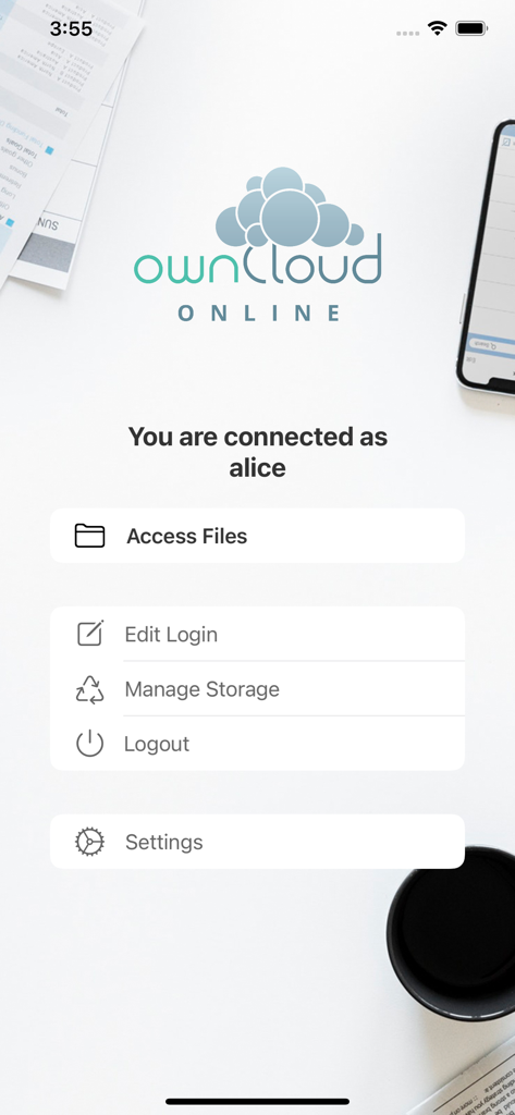 Interfaz de usuario principal de la aplicación ownCloud Online que muestra el acceso a archivos y la configuración de la cuenta