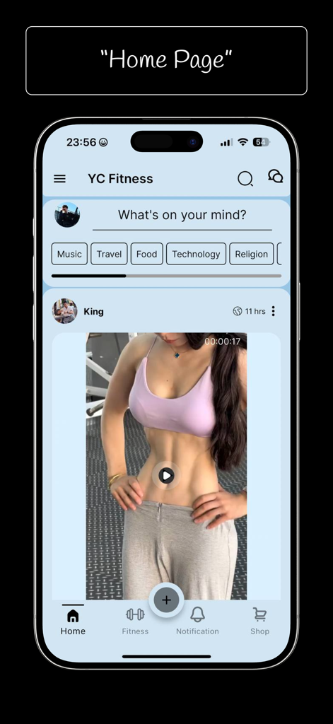 Home page of the YC Fitness app featuring a social media feed and fitness content.