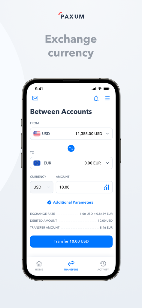 Captura de pantalla de la aplicación móvil Paxum que muestra la pantalla de cambio de divisa para convertir USD a EUR entre cuentas.