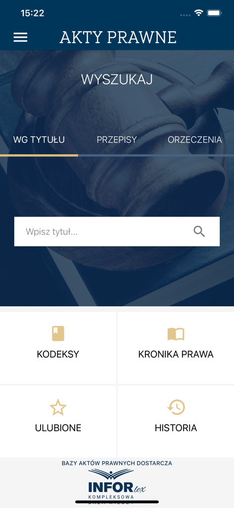 The home screen of the AKTY PRAWNE app featuring a search bar for Polish laws and legal categories