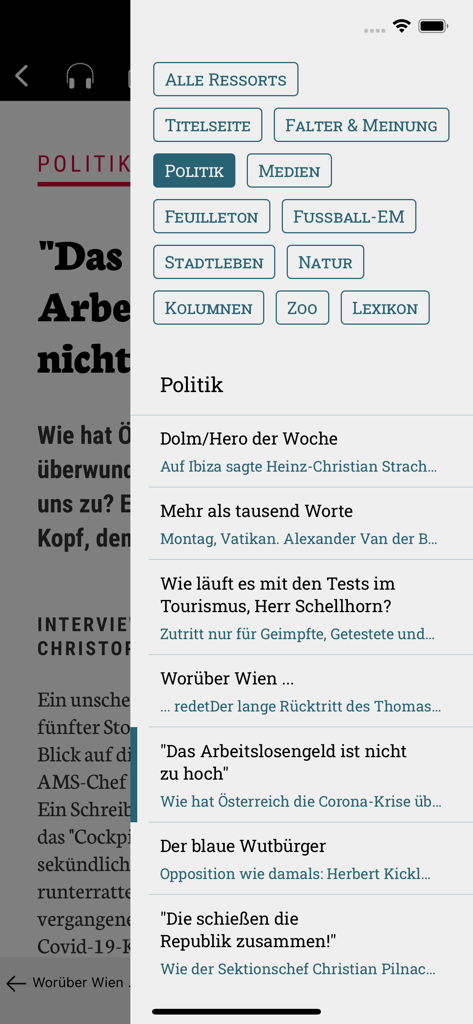 FALTER - Menu de navegação do aplicativo FALTER mostrando várias categorias de notícias e uma lista de artigos recentes