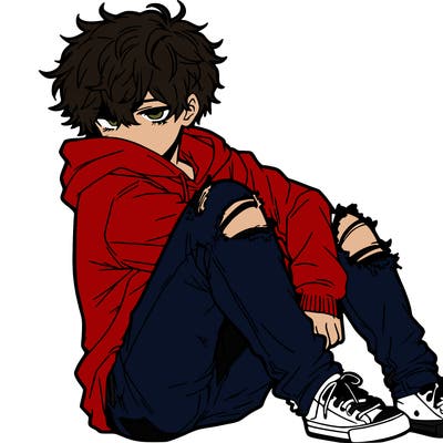 a male hoddie ripped jeans messy hair anime