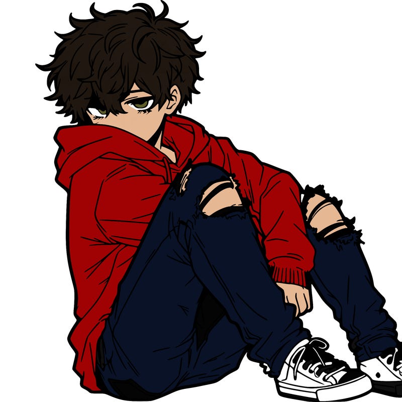 a male hoddie ripped jeans messy hair anime