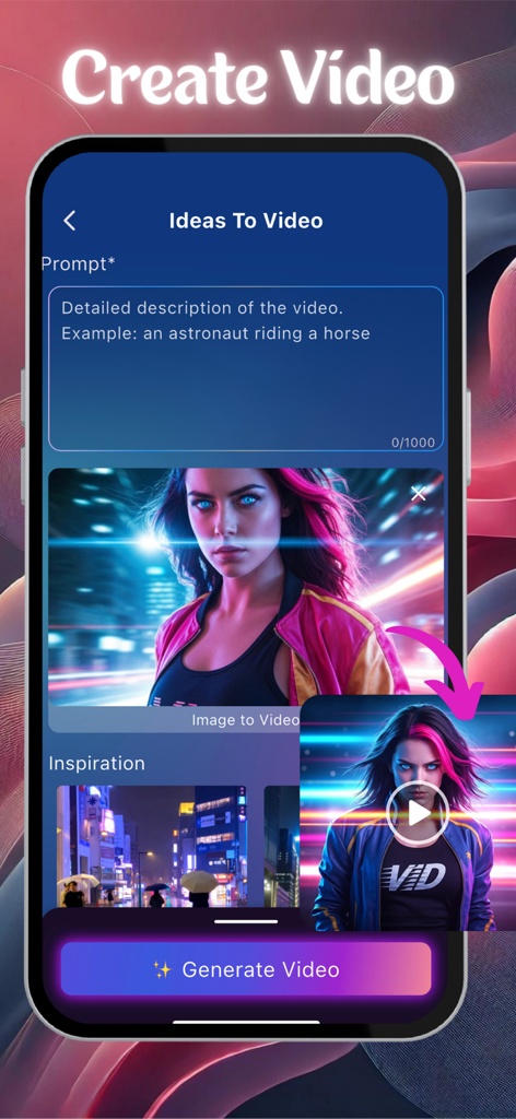 Aethia AI Photo & Video Editor - A interface do recurso Ideas To Video no aplicativo Aethia AI mostrando um campo de entrada de prompt de texto e uma prévia de geração de imagem para vídeo.