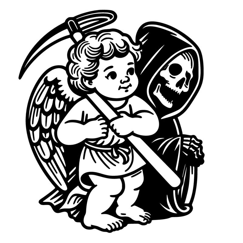 cherub with grim reaper head