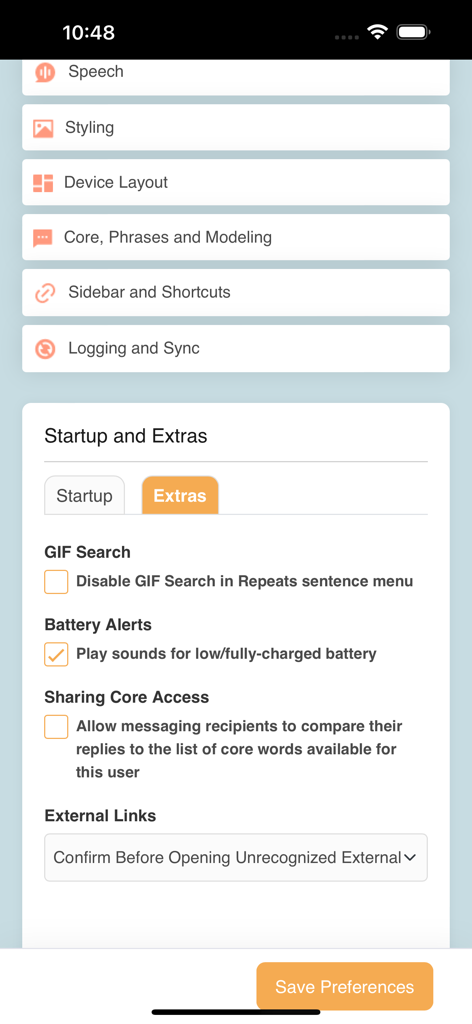 CoughDrop Pro - CoughDrop Pro app settings screen showing startup and extras configuration options
