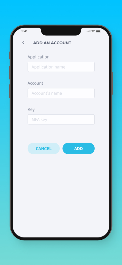 UserLock Push - Interface no aplicativo UserLock Push para adicionar manualmente uma nova conta de autenticação de dois fatores