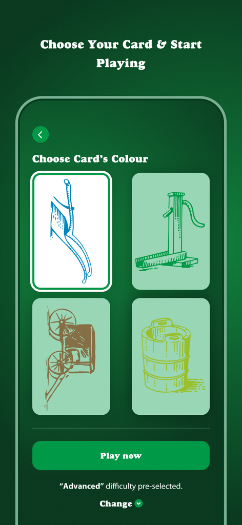 Dutch Blitz - Card Game - Mobile app screen for Dutch Blitz allowing players to choose their card color and classic icons like the plow and pump