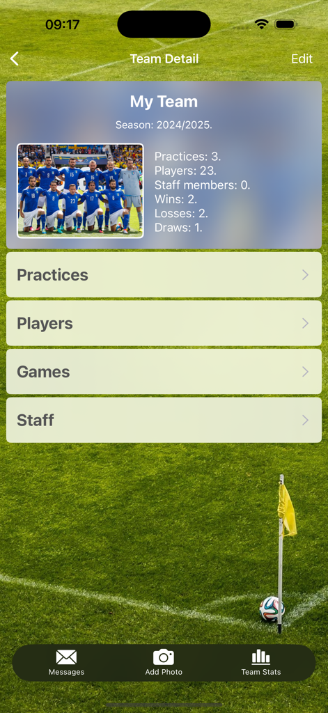 Assistant Coach Soccer team dashboard showing season stats and management menus