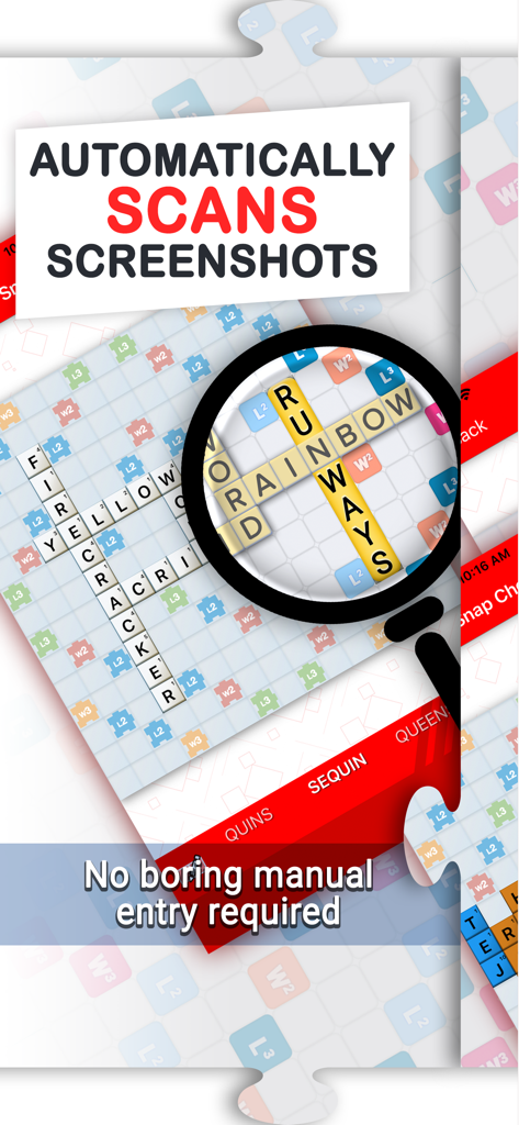 Snap Cheats for Words Friends - Magnifying glass scanning a game board for automatic high scoring word suggestions without manual entry.