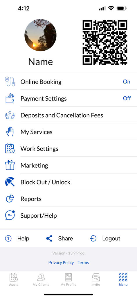 Ring My Loctician: Booking App - Ring My Loctician app main menu showing business management tools like online booking and payment settings.