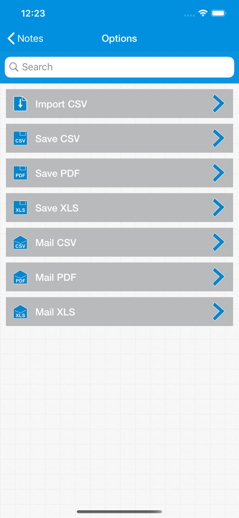 SimpleProg Database Manager - Options screen for importing and exporting database lists in CSV PDF and XLS formats