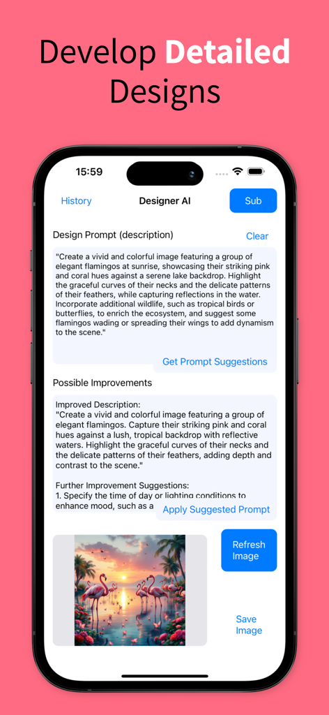 Graphic Design AI App-Oberfläche mit Text-zu-Bild-Prompt und generierter Flamingo-Kunst