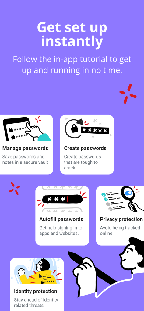 Trend Micro ID Protection - Grafik, die die Funktionen von Trend Micro ID Protection zeigt, einschließlich Passwortverwaltung, Datenschutz und Überwachung von Identitätsdiebstahl