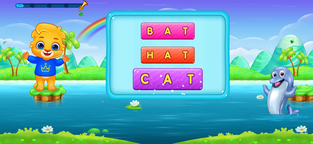 ABC Spelling - Spell & Phonics - ABC Spelling game screen showing three letter words bat hat and cat with cute cartoon animals