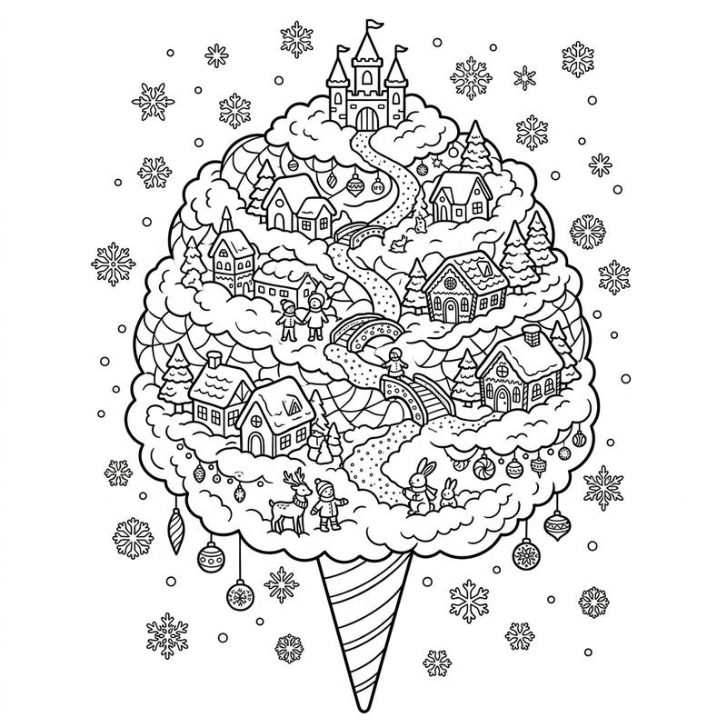 Transform a fluffy cotton candy cone into a charming winter village with this delightful coloring page. Discover cozy houses, playful characters, and sparkling snowflakes ready for your creative touch.