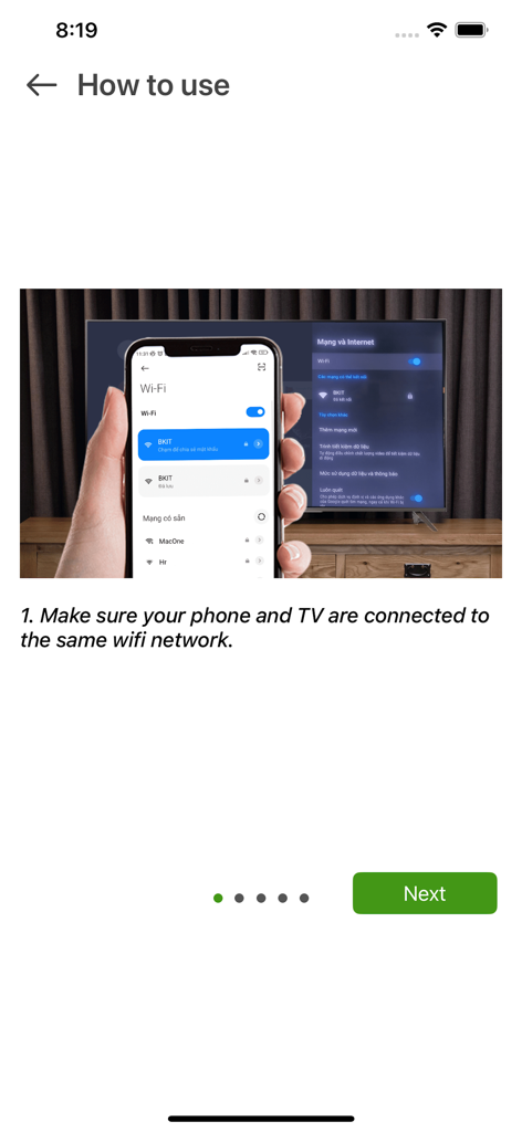 Screen Mirroring - Cast to TVs - Setup screen showing a phone and a TV connecting to the same Wi-Fi network for screen mirroring