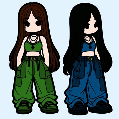 girl in baggy pants crop top and long hair