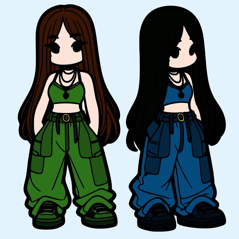 girl in baggy pants crop top and long hair