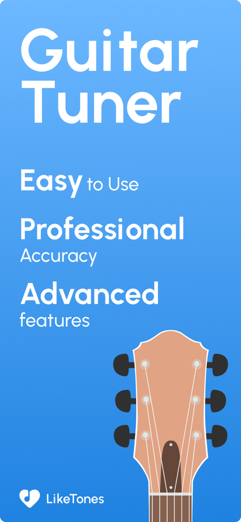 Guitar Tuner LikeTones app promotional screen highlighting easy to use interface professional accuracy and advanced features.