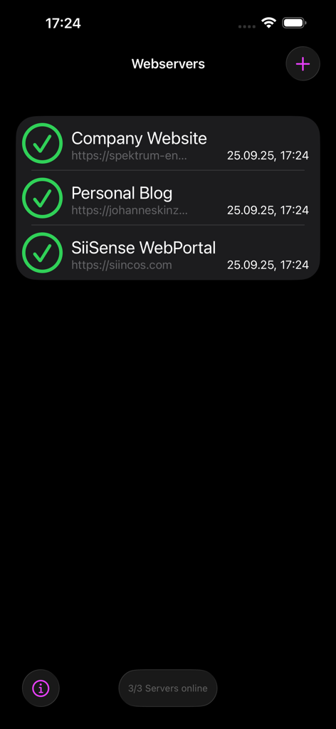 Dashboard of the WebServerMonitor app showing a list of monitored websites with green checkmarks indicating they are online